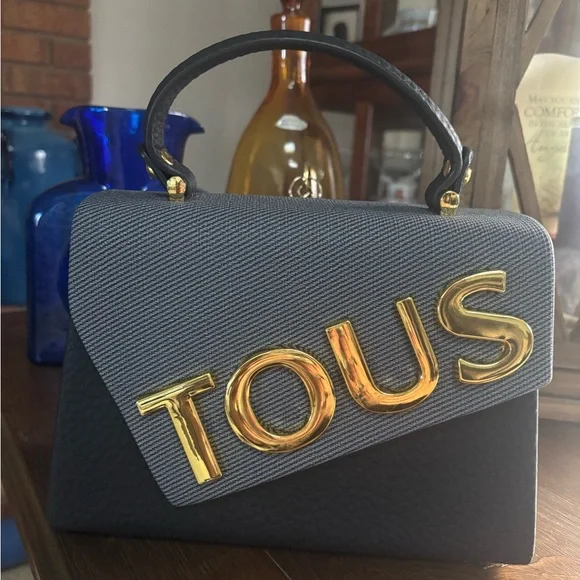 TOUS MINI TOP HANDLE CROSSBODY PURSE LUXURY BLACK AND GRAY FAUX LEATHER - Picture 3 of 12